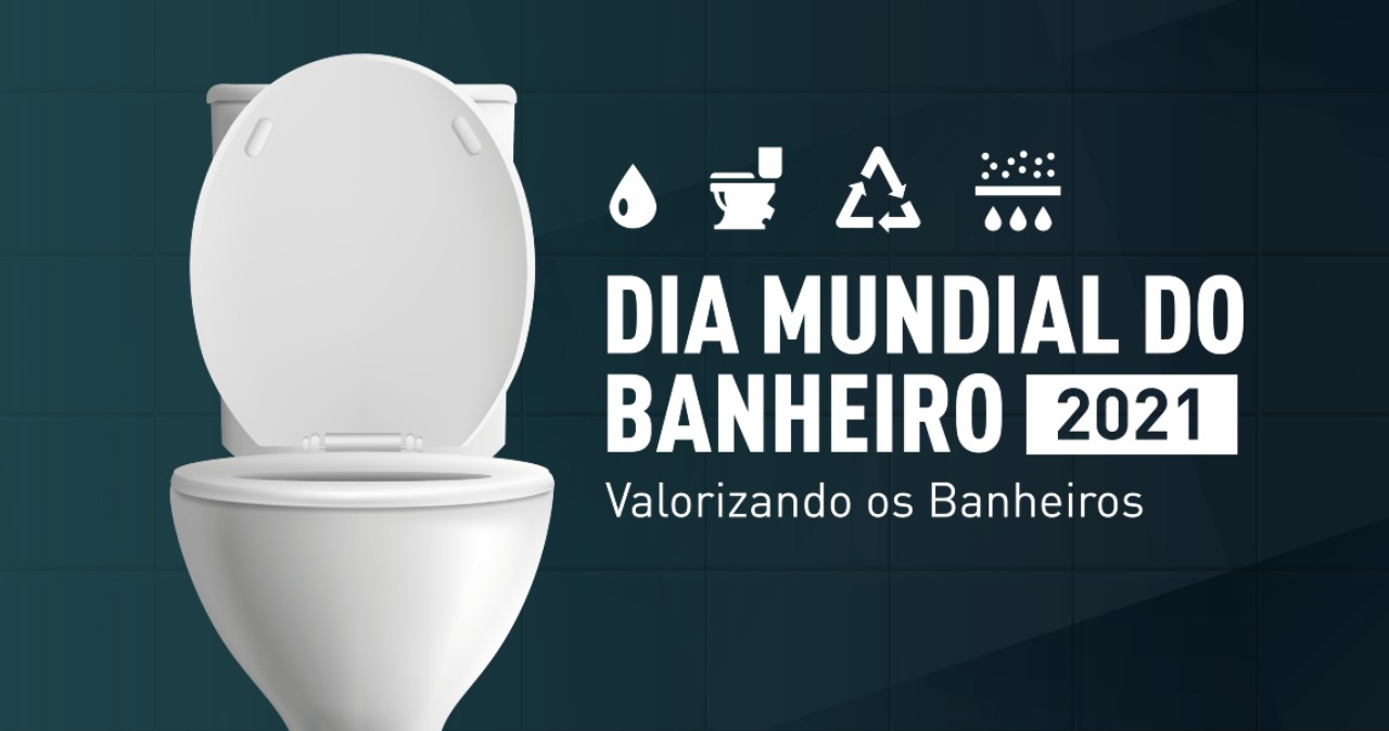 arte mostra uma privada, ícones relacionados à saneamento para divulgar o dia mundial do banheiro 2021 e debates sobre desafios e soluções