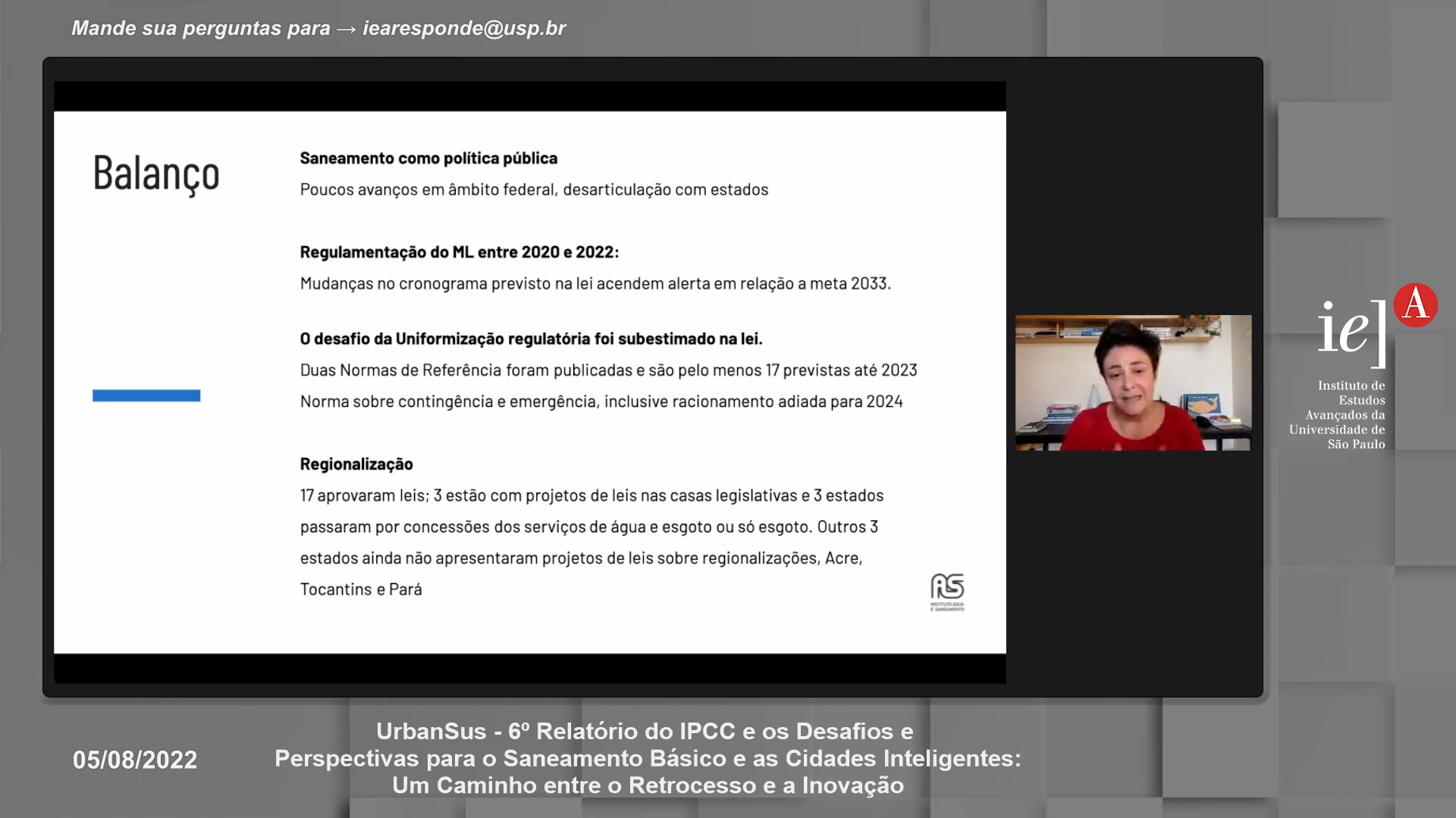 IAS participa do Seminário UrbanSus sobre o 6º Relatório do IPCC e os Desafios e Perspectivas para o Saneamento Básico e as Cidades Inteligentes