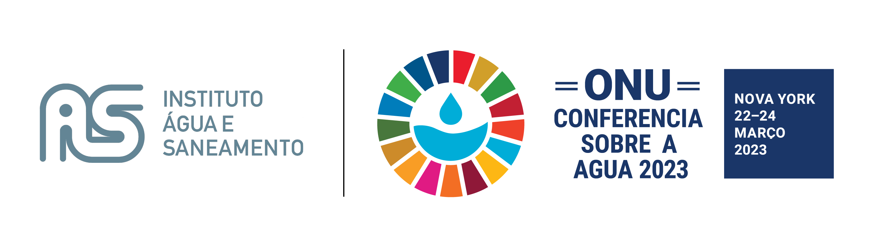 Logos do instituto Água e Saneamento, da Conferência sobra e Água 2023. O evento acontece em Nova York entre os dias 22 e 24 de março.